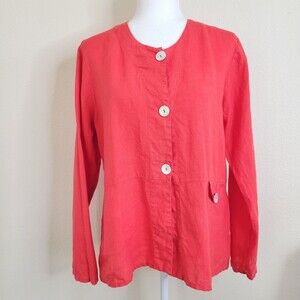FLAX Women's Jacket Top in Coral 100% Linen Size Small with buttons